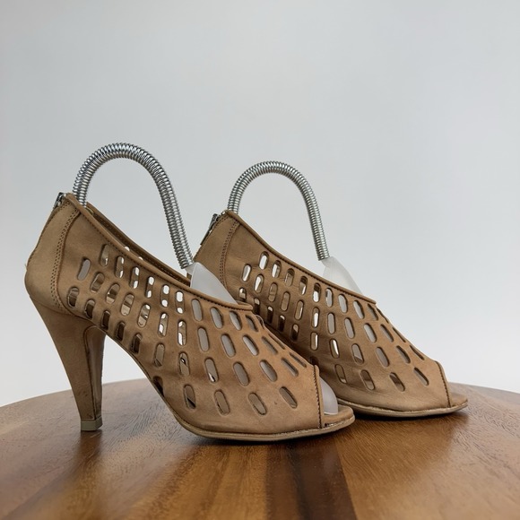 Womens Loeffler Randall Tan Leather Caged Cutout Peep Toe Pumps Heels Size 6.5 B - Picture 1 of 10
